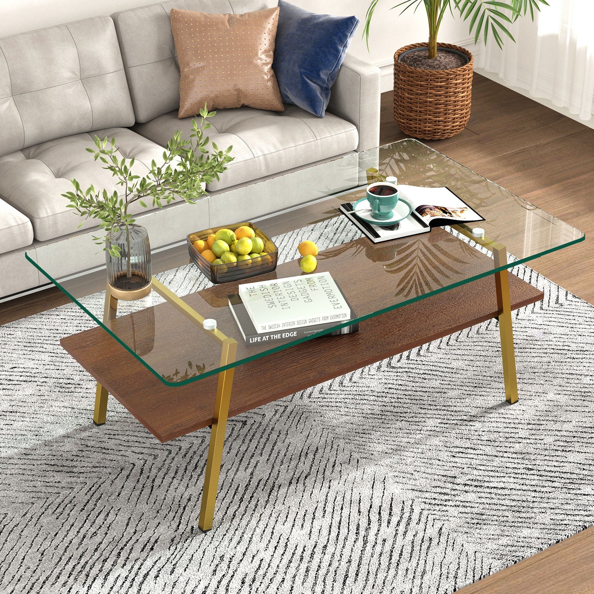 Rectangle Coffee Table, Tempered Glass Tabletop With Metal Legs, Modern Table For Living Room Home Essentials