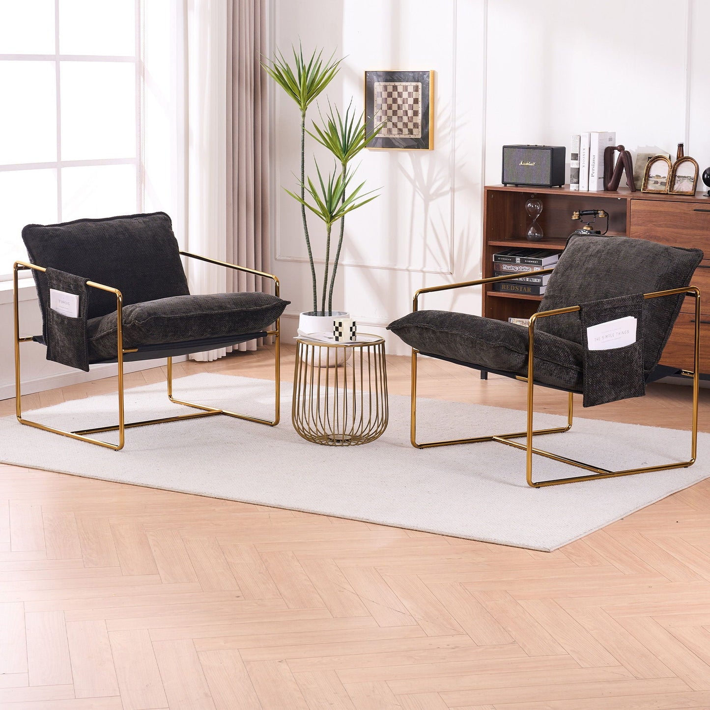 Upholstered Hanging Armchair With Arm Pocketsmetal Frame (Set of 2), Gold-Plated Craftsmanship, Crushed Foam Cushions And Skin-Friendly Woven Fabric For Living Room And Bedroom Home Essentials