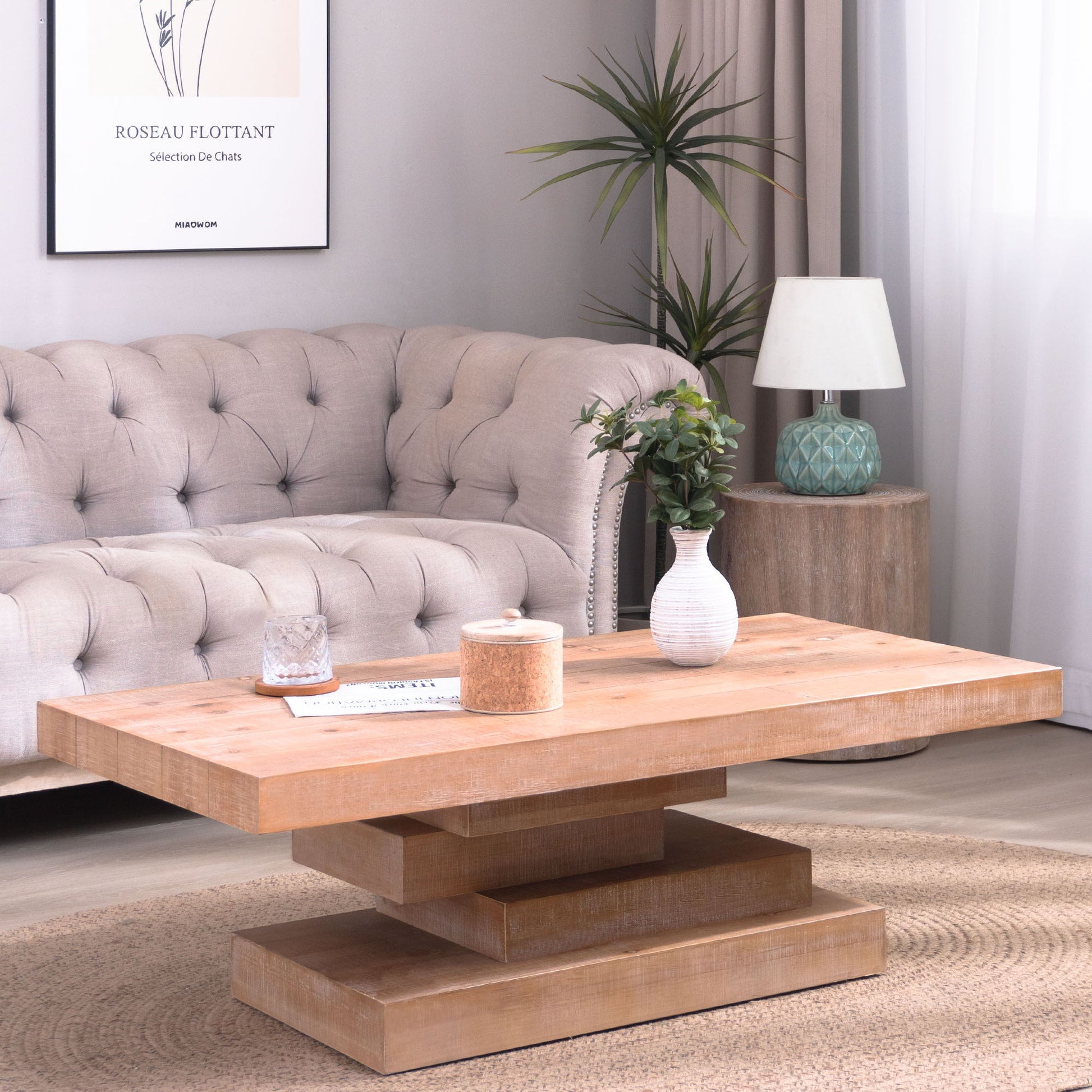 Modern Rustic Coffee Table, Rectangular Center Table For Living Room - Natural Wood Wash / Rustic Home Essentials