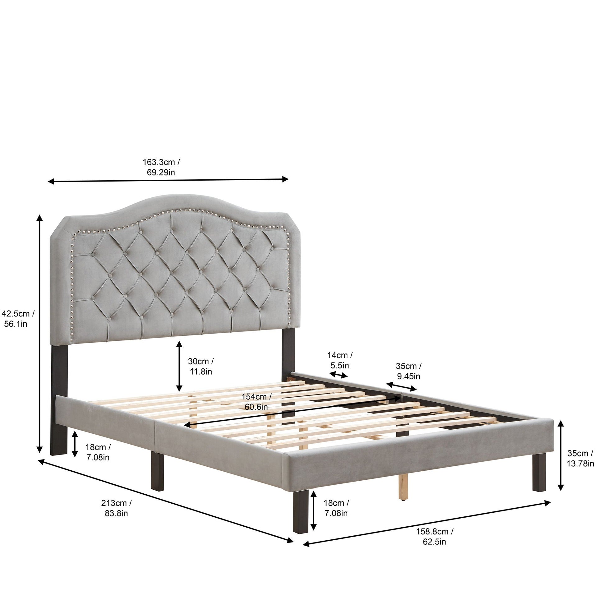 Queen Platform Upholstered Bed Button Tufted With Curve Design, Strong Wood Slat Support - Gray Home Essentials