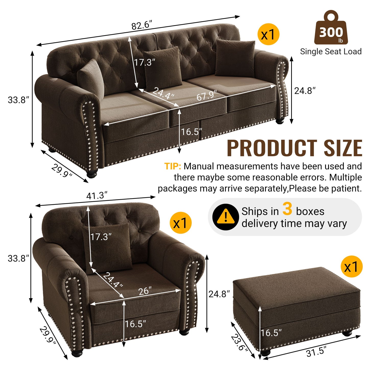 Upholstered Sofa Set With Nailhead Trim And Rolled Armrests, Includes Pillows Home Essentials