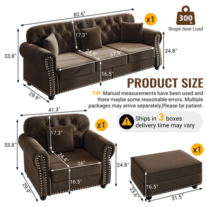 Upholstered Sofa Set With Nailhead Trim And Rolled Armrests, Includes Pillows Home Essentials
