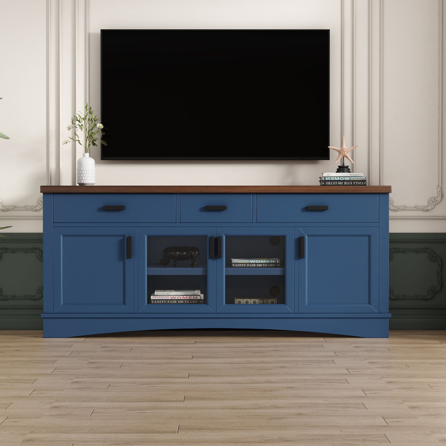 TV Console Stand, Glass Doors & Storage Drawers, Adjustable Shelves Noble House