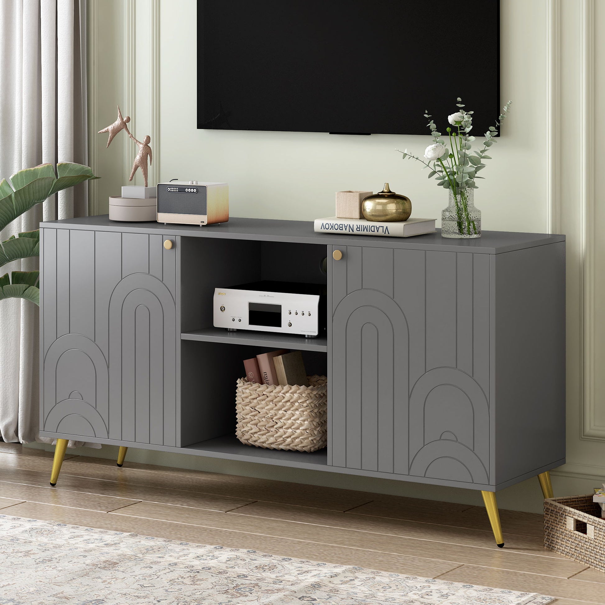 Modern TV Stand With Adjustable Shelf, Handles And Anti-Tip Device Hearth and Haven
