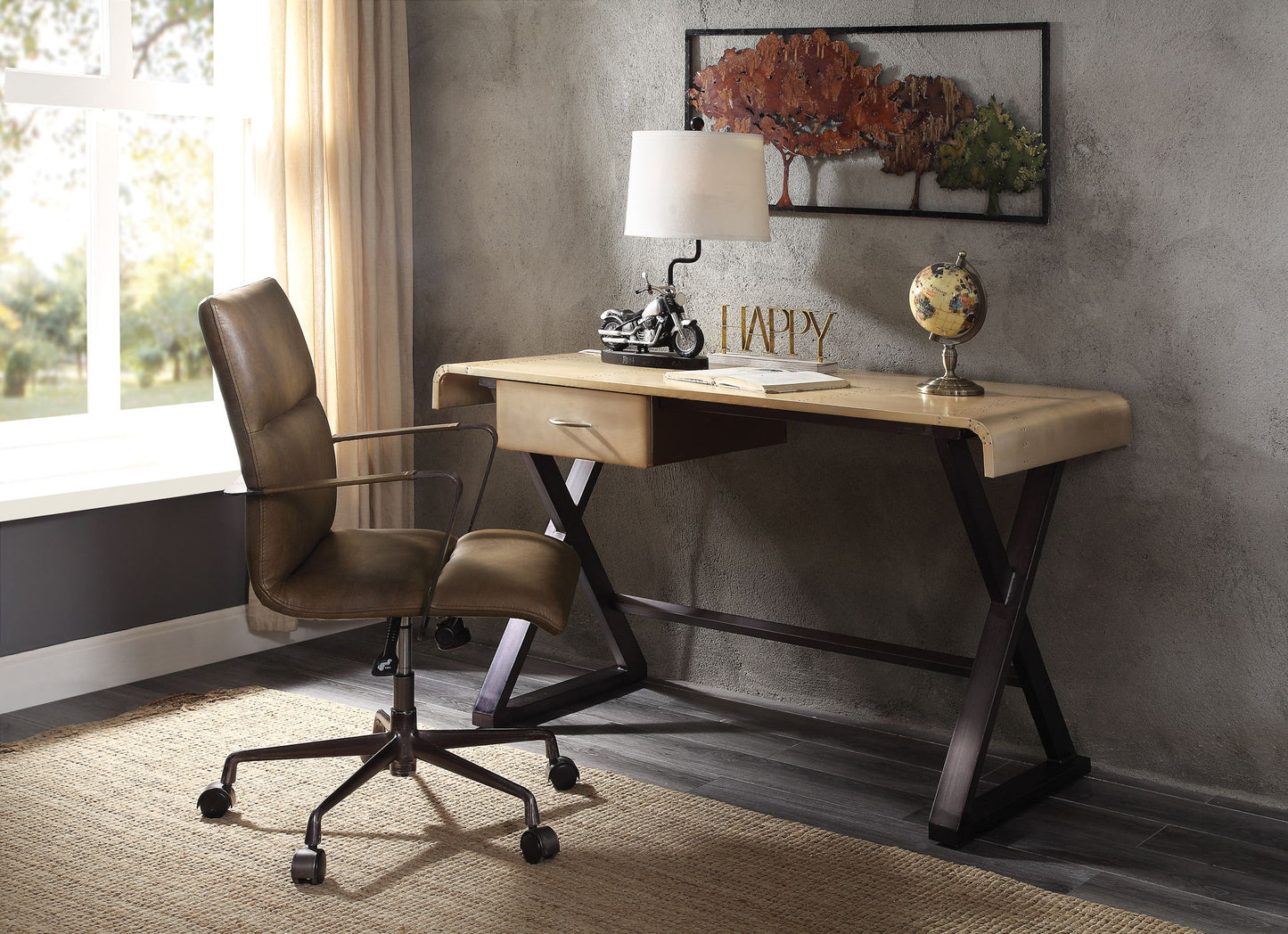 Danton - Aluminum Top Grain Leather Rectangular Writing Desk - Gold Acme