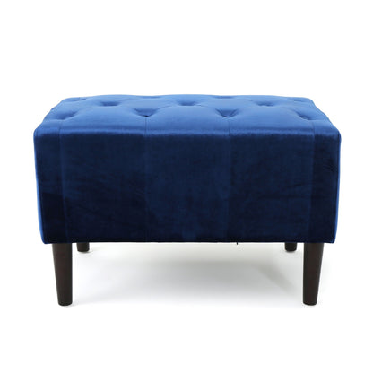 Mid Century Ottoman Velvet With Button Tufting With Birch Wood Legs - Navy Blue Noble House