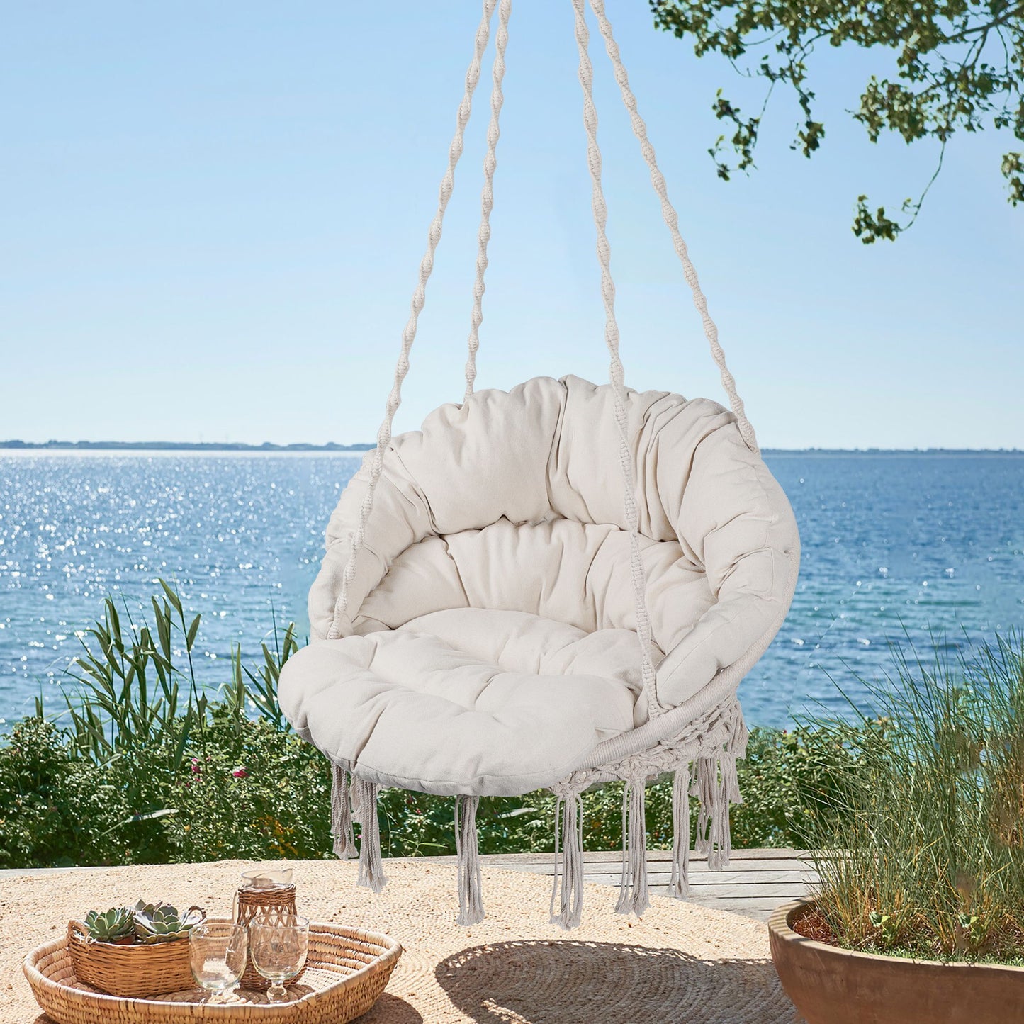 Macrame Hanging Hammock Chair With Cushion, Cotton Rope Swing For Indoor And Outdoor Use, 330 Lbs Capacity - Beige Home Essentials