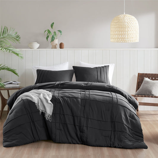Porter - King Soft Washed Pleated Comforter Set - Black Super Listing