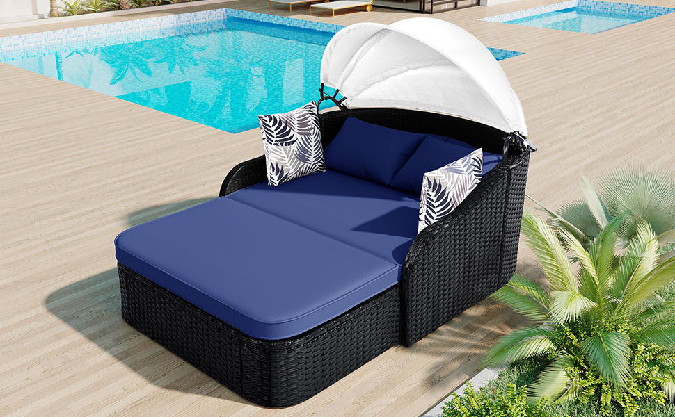Outdoor Sunbed With Adjustable Canopy, Daybed With Pillows, Double Lounge, PE Rattan Daybed Hearth and Haven