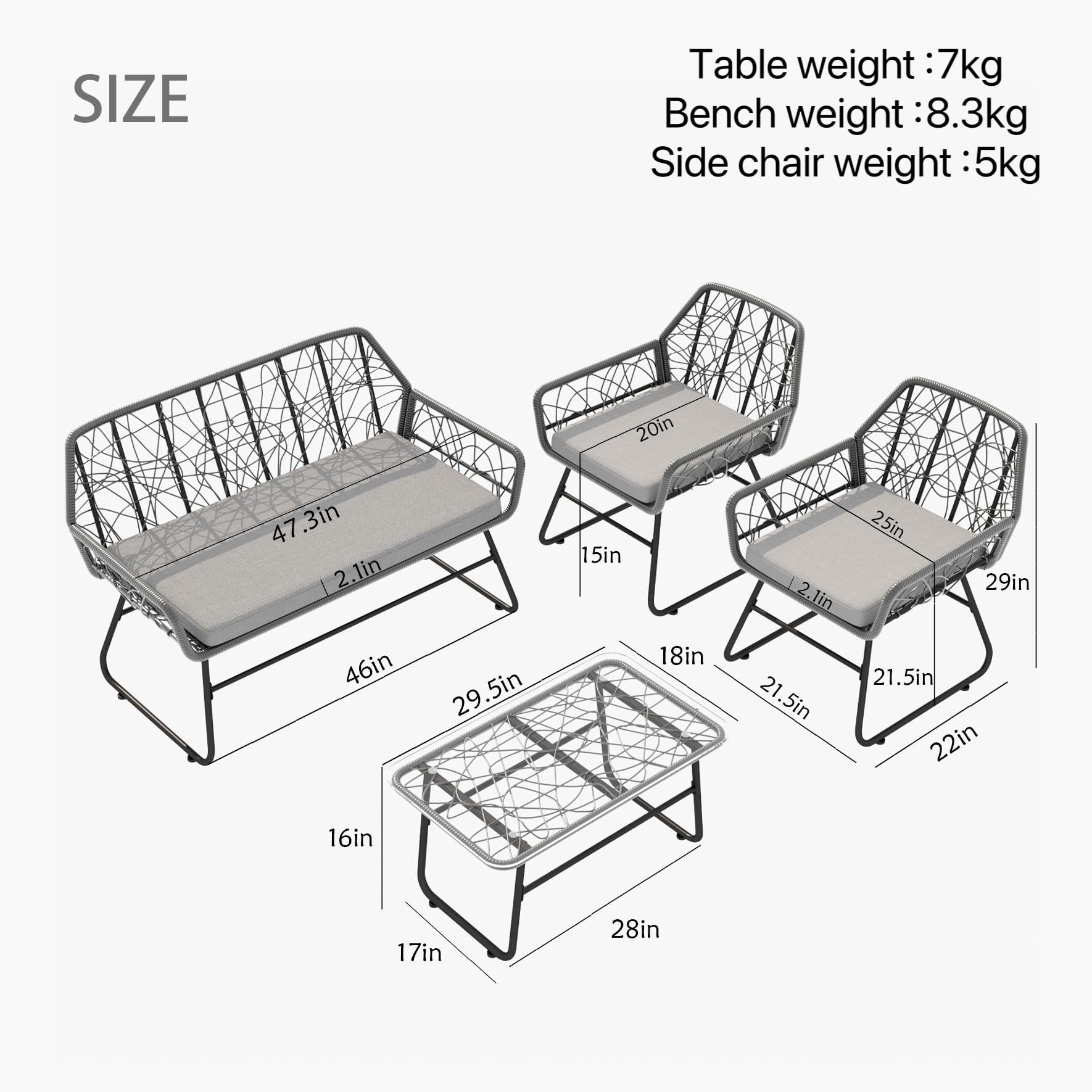 4 Piece Wicker Patio Furniture Set With Tempered Glass Table And Detachable Cushions Home Essentials
