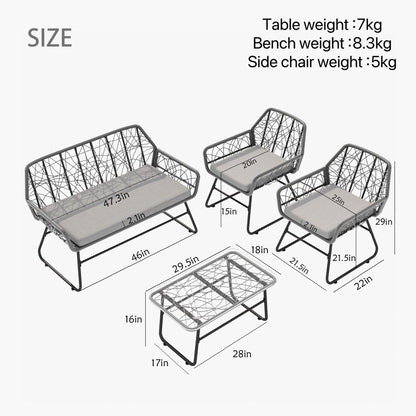 4 Piece Wicker Patio Furniture Set With Tempered Glass Table And Detachable Cushions Home Essentials