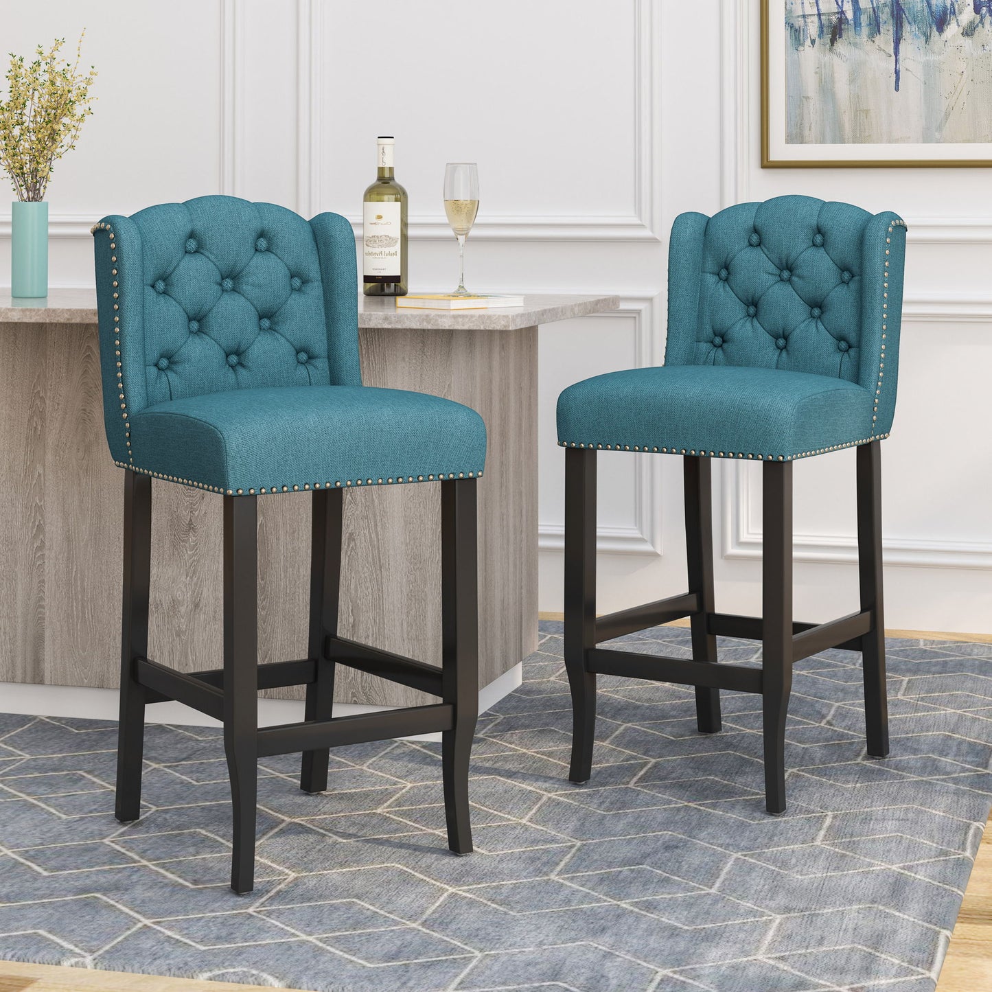 Vienna - Contemporary Fabric Tufted Wingback Counter Stools (Set of 2) Noble House