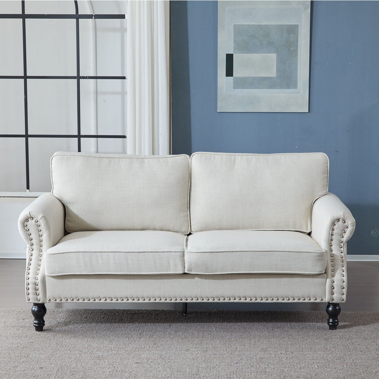 Rolled Arm Sofa With Nailhead Trim With Wooden Legs Home Essentials