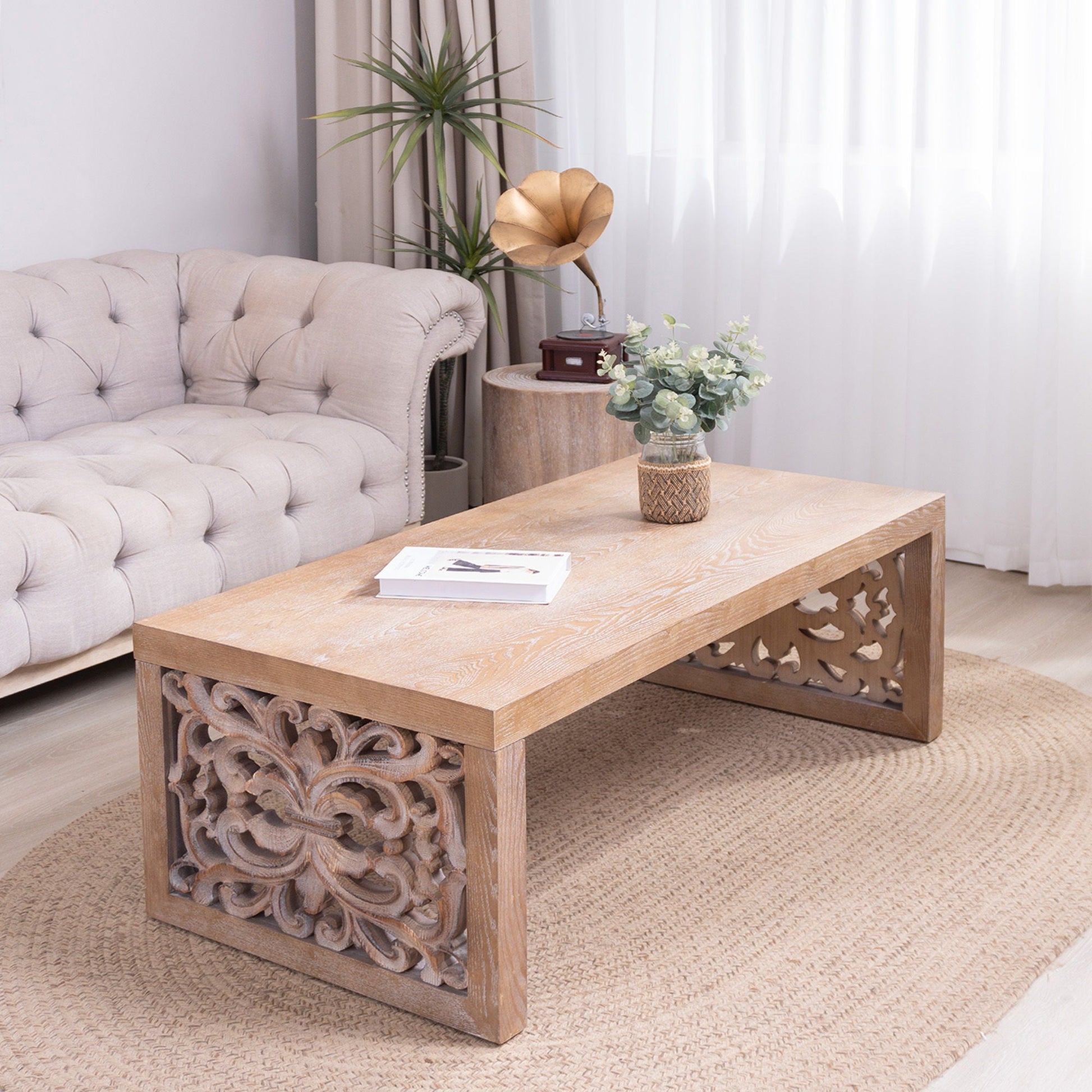 Rustic Carved Wood Coffee Table, Handcrafted Look With Ornate Side Panels Home Essentials