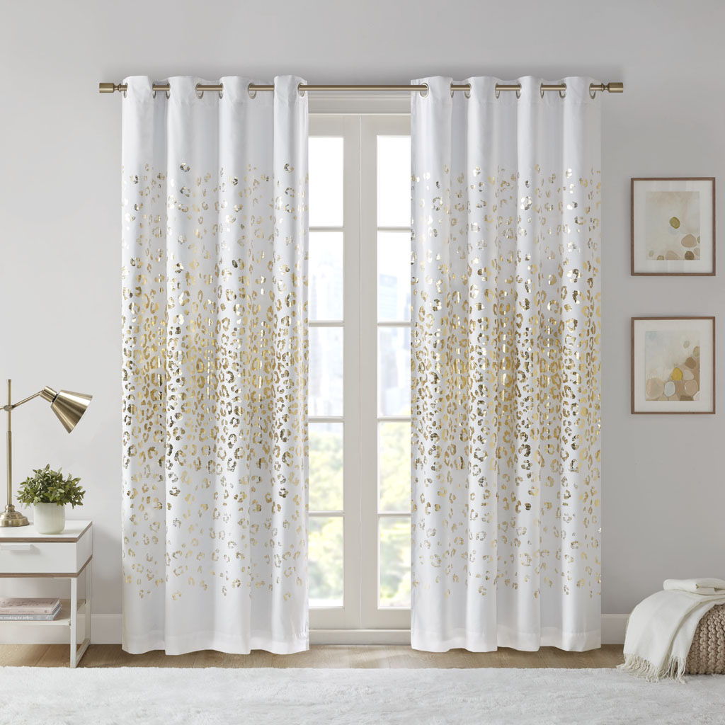 Lillie - 63" Grommet Top Metallic Animal Printed Total Blackout Curtain - White / Gold