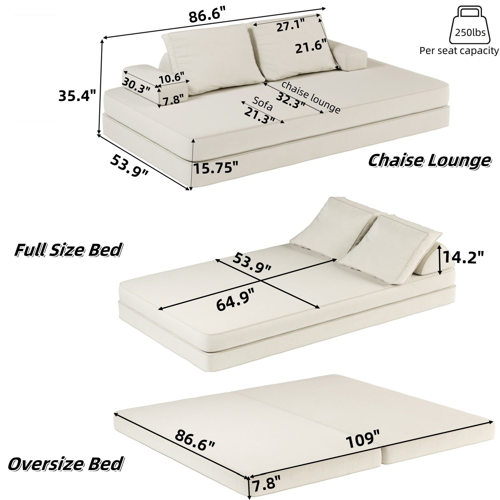 Multifunctional Convertible Sofa Bed With 2 Tumbler Backrests And 2 Pillows, Deep Seat Couch Home Essentials
