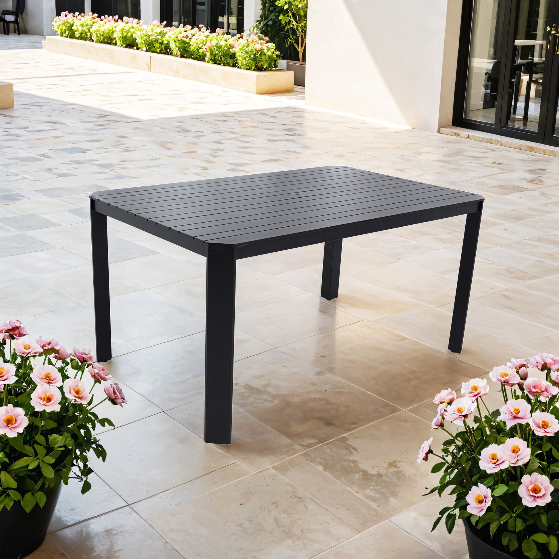 Modern Outdoor Table With Alternating Wide And Narrow Slats, Angled Corners, 2" Big Umbrella Hole, And Adjustable Non Slip Pads - Bourbon Brown Life Outside