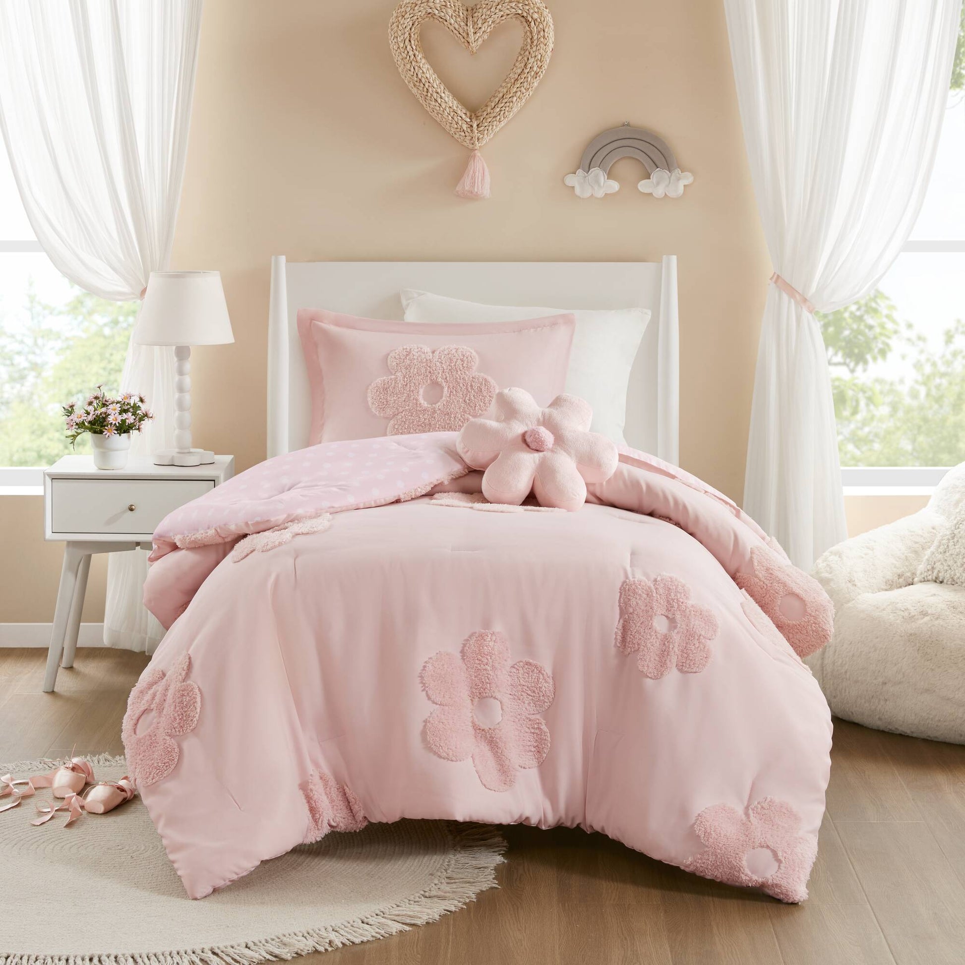 Gracie - Twin Floral Reversible Comforter Set With Flower Throw Pillow - Pink Intelligent Design Kids