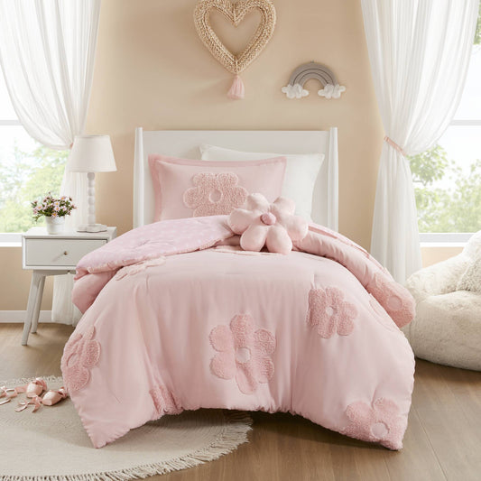 Gracie - Twin Floral Reversible Comforter Set With Flower Throw Pillow - Pink Intelligent Design Kids