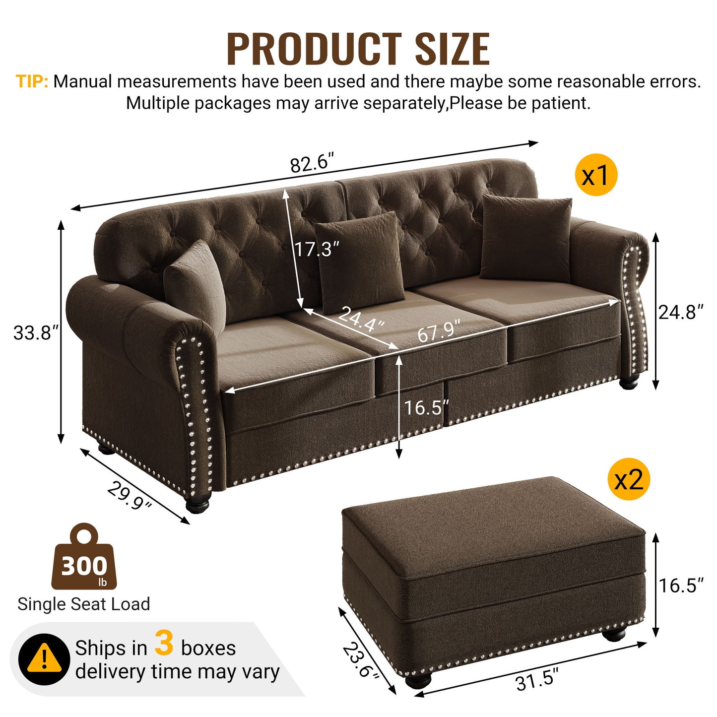 Upholstered Sofa Set With Nailhead Trim And Rolled Armrests, Includes Pillows Home Essentials