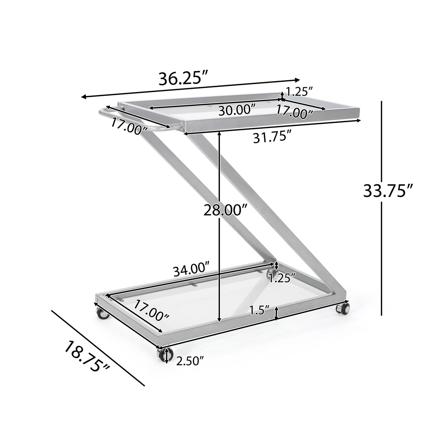 Modern Z Shaped Bar Cart With Tempered Glass Shelves - Silver Noble House