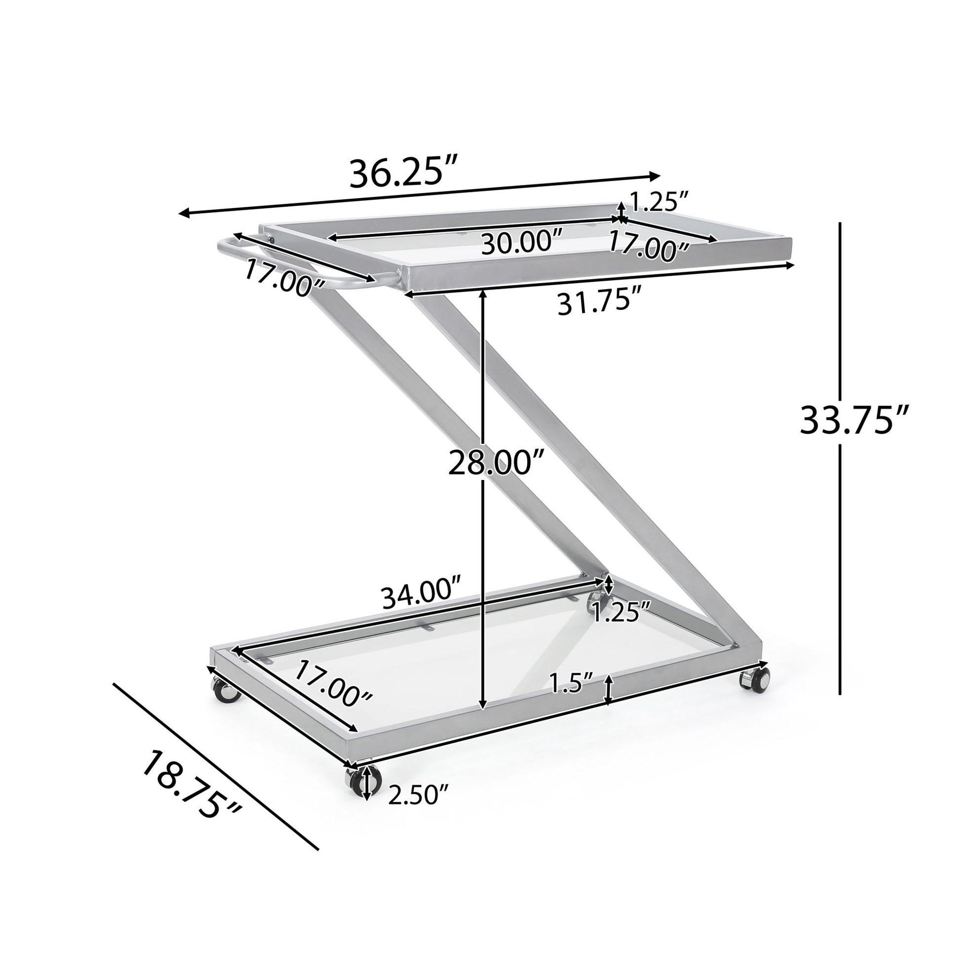 Modern Z Shaped Bar Cart With Tempered Glass Shelves - Silver Noble House