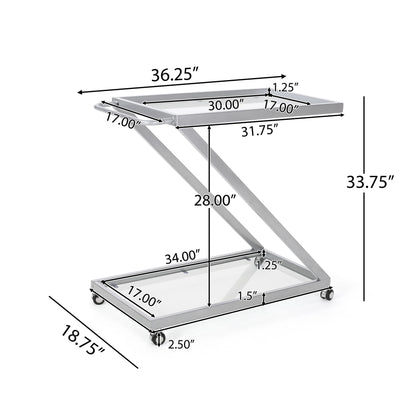 Modern Z Shaped Bar Cart With Tempered Glass Shelves - Silver Noble House