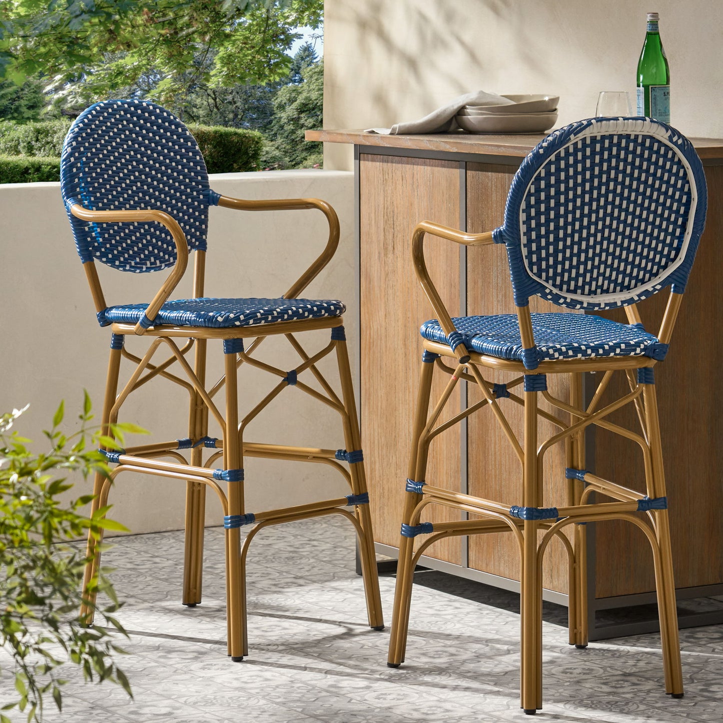 Outdoor Wicker And Aluminum French Barstools (Set of 2) Noble House
