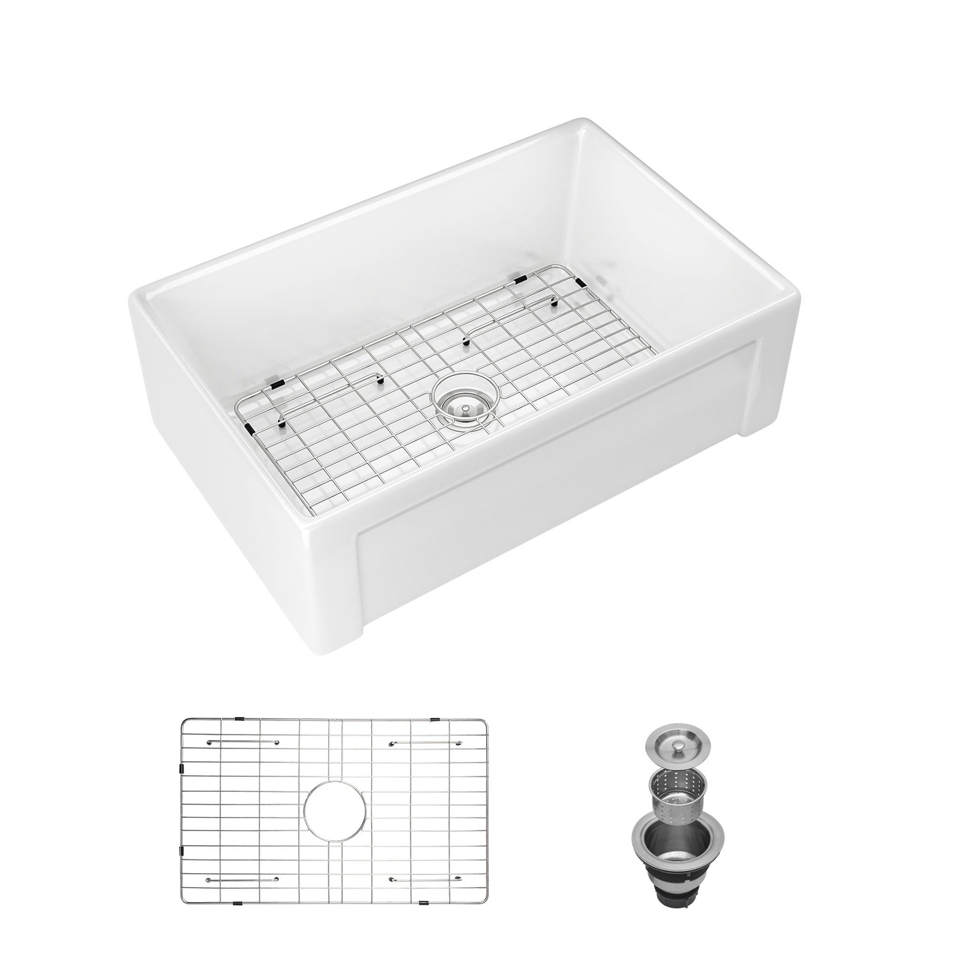 Sink 30" Apron Front Reversible Single Bowl Kitchen Sink With Grid, Strainer - White Daily Nest