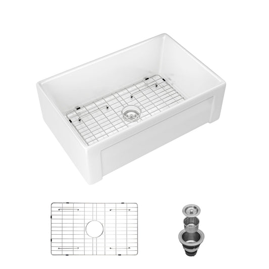 Sink 30" Apron Front Reversible Single Bowl Kitchen Sink With Grid, Strainer - White Daily Nest