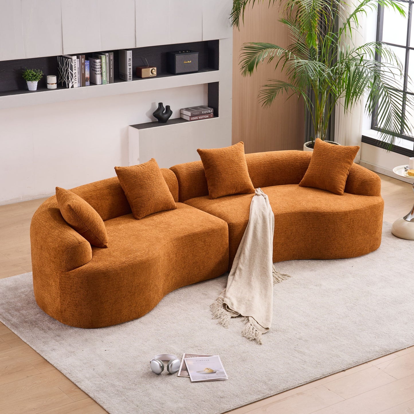 4 Seater Sofa With Chenille Fabric, 30D, 60 Hardness Full Sponge, 4 Pillow For Living Room, Home Furniture Sleeper Sectional Sofa For Apartment Home Essentials