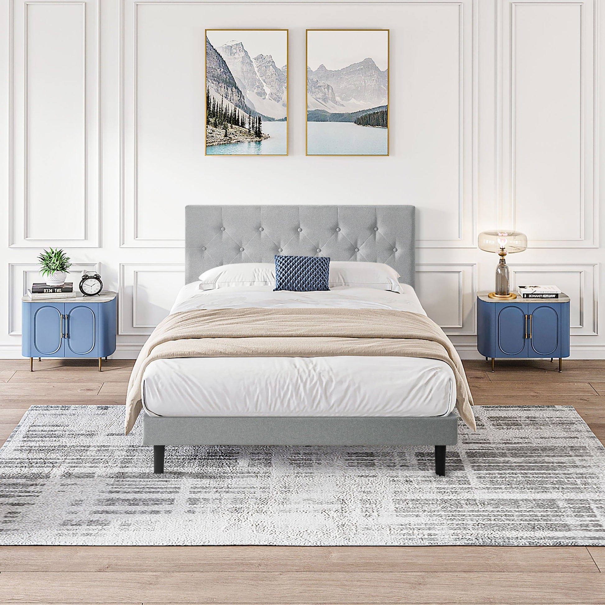 Modern Upholstered Platform Bed Frame With Button Tufted Linen Fabric Headboard Home Essentials