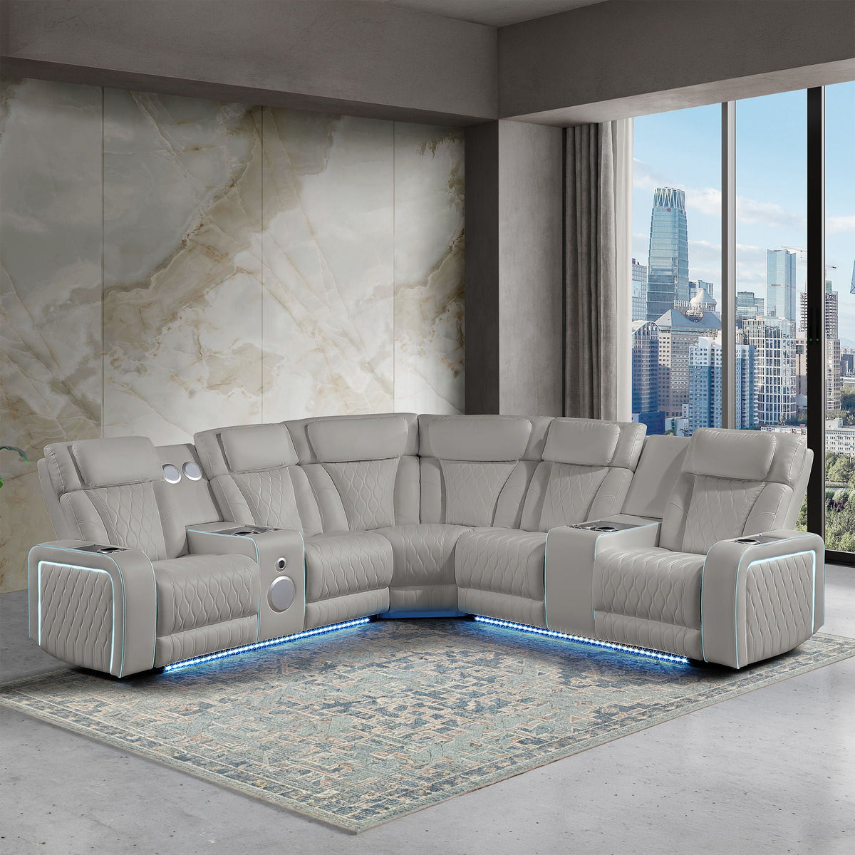 Electra - Power Recliner Sectional Sofa With Power Headrests, Console Loveseats, Wedge, LED Light Strip, Speakers Matrix Furniture Group