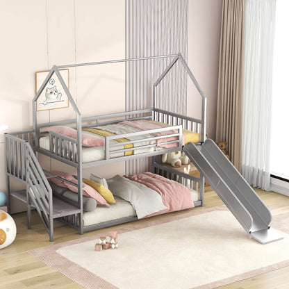 Twin Over Twin Metal Bunk Bed House Bed With Slide And Staircase