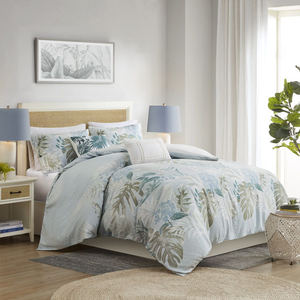 Kiawah Island - 5 Piece Cotton Duvet Cover Set With Throw Pillow - Light Blue