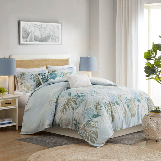 Kiawah Island - 5 Piece Cotton Duvet Cover Set With Throw Pillow - Light Blue