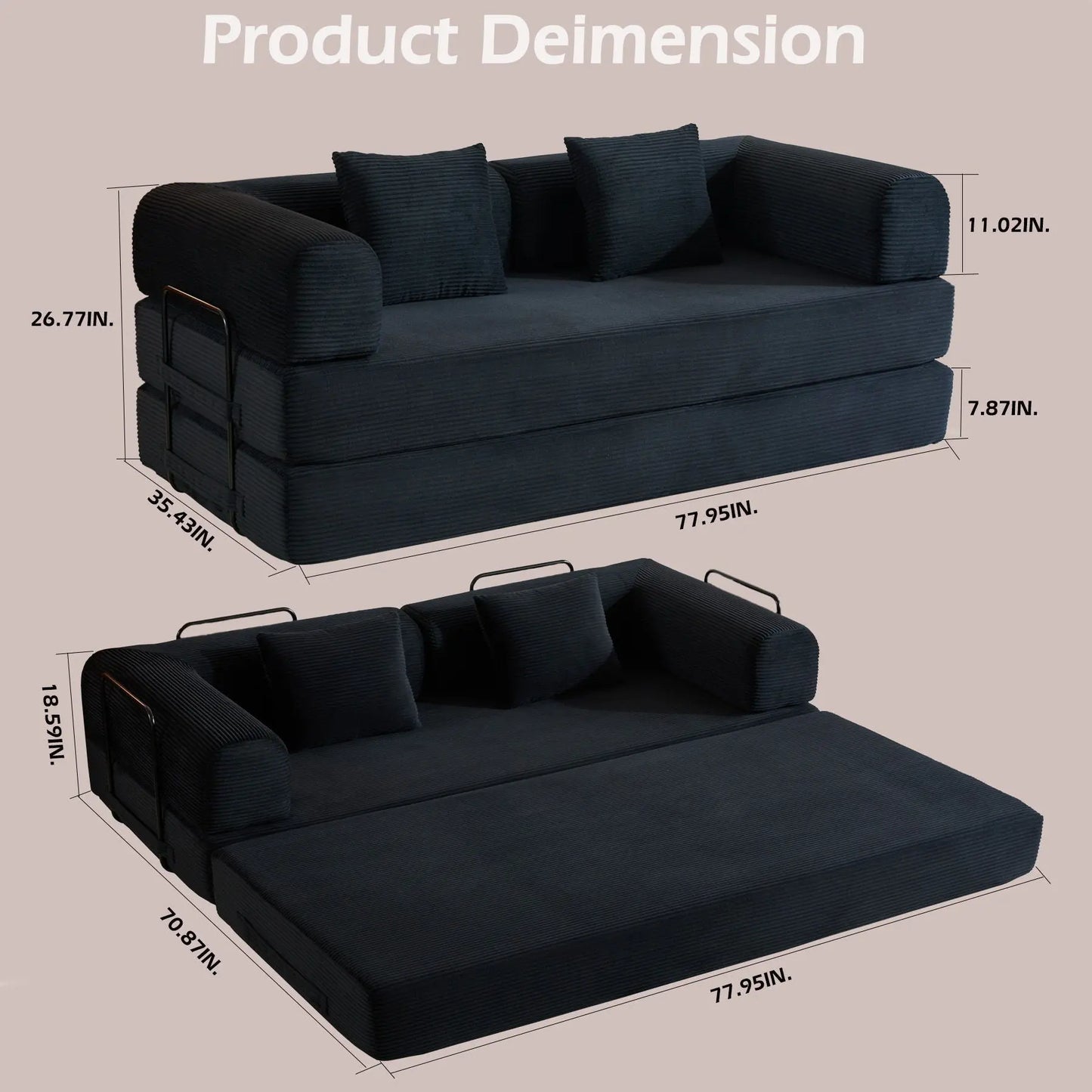 Convertible Sleeper Sofa Bed With Cylindrical Pillow, With Fixed Shape Frame Home Essentials