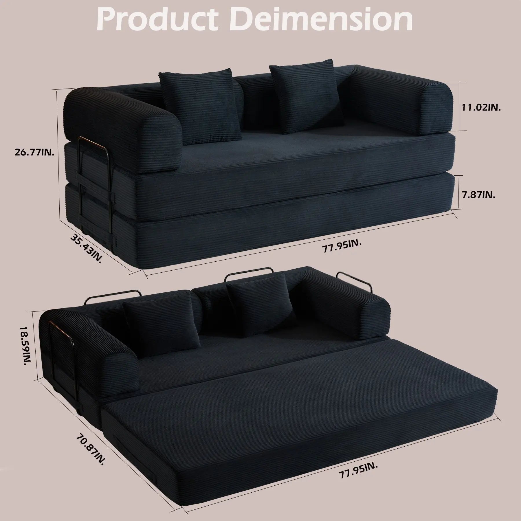Convertible Sleeper Sofa Bed With Cylindrical Pillow, With Fixed Shape Frame Home Essentials