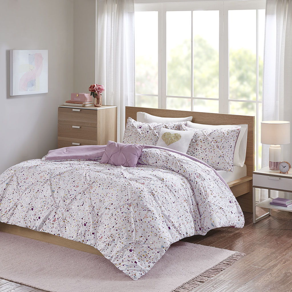 Abby - Metallic Printed And Pintucked Comforter - Plum