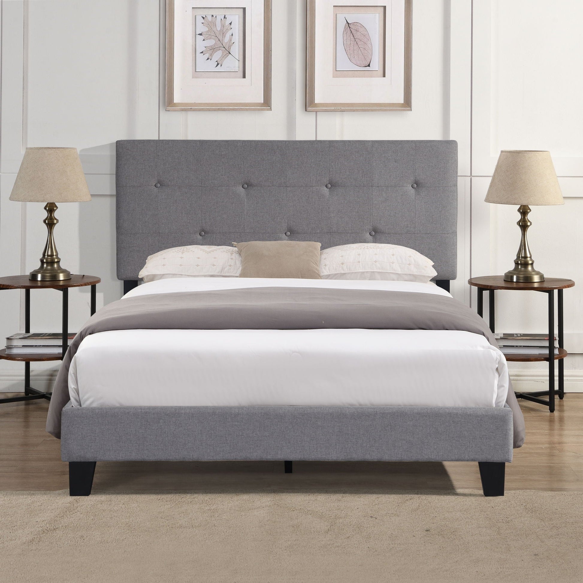 Queen Size Upholstered Platform Bed Frame With Button Tufted Linen Headboard, No Box Spring Needed, Wood Slat Support - Gray Home Essentials