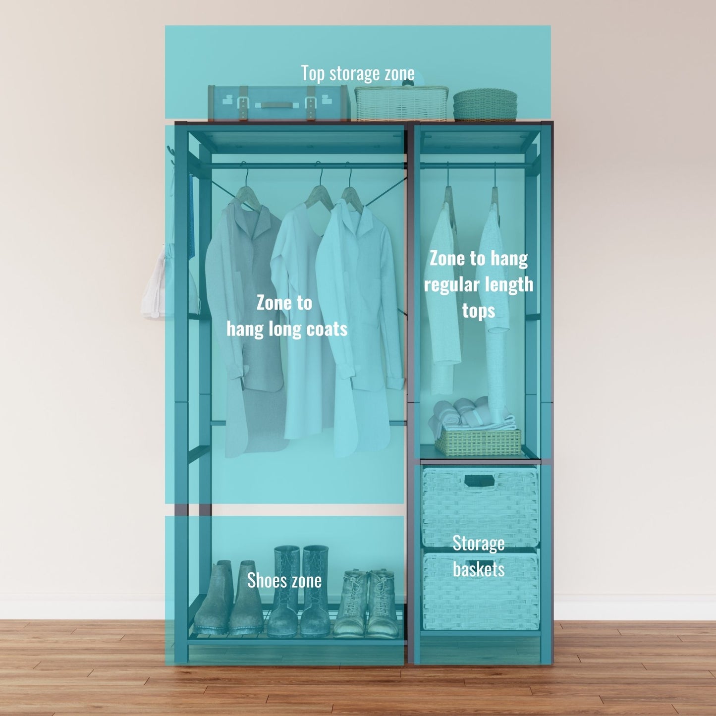 Garment Rack With Shelves, 2 Wicker Drawers, 4 Hooks, Organizer Daily Nest