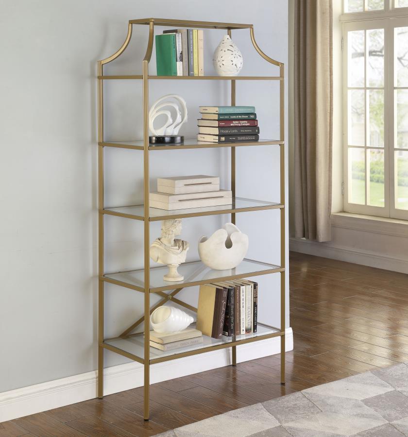 Serena - 5-Shelf Glass Bookshelf - Gold CoasterEssence