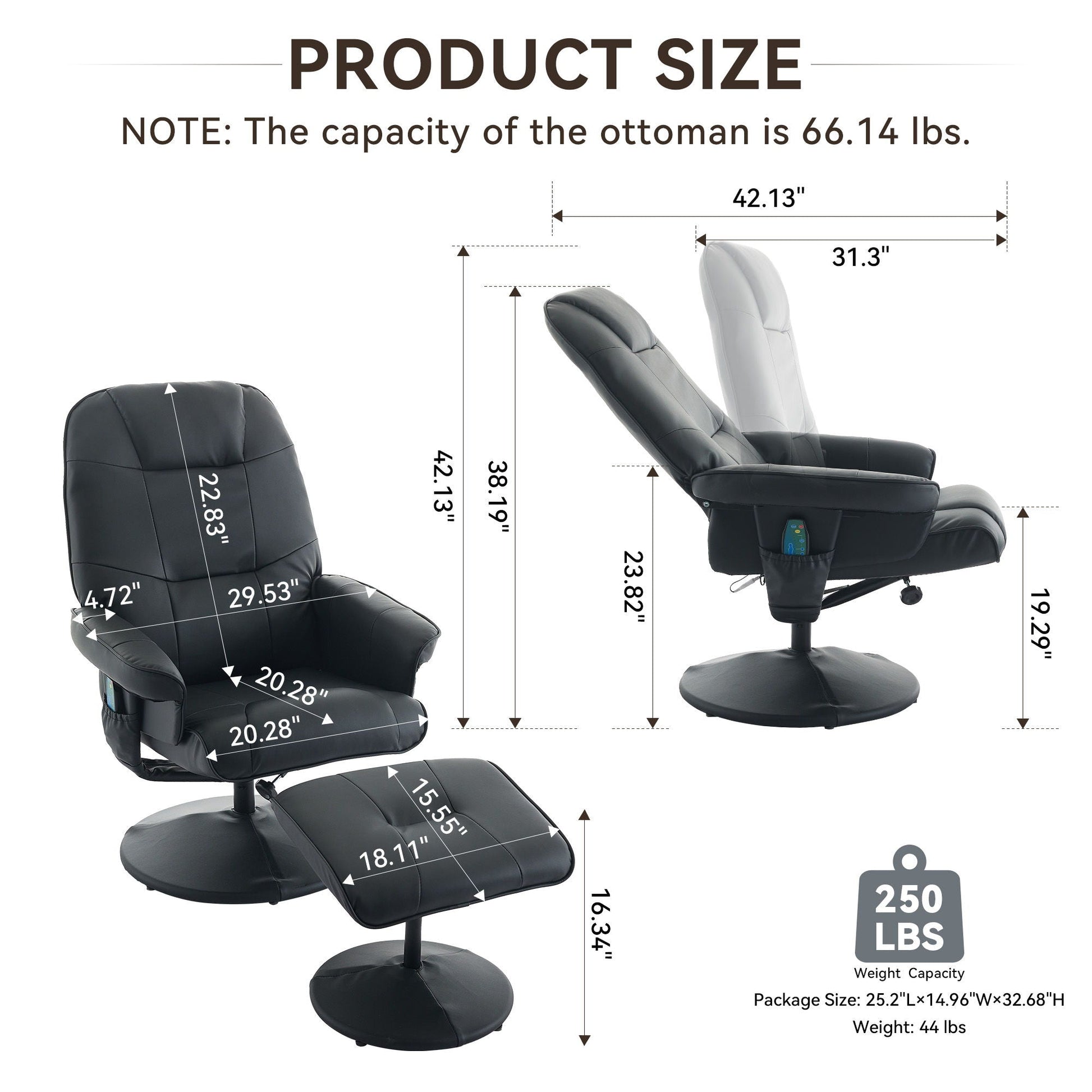 360° Swivel Reclining Chair With Wrapped Base, 5 Point Vibration Massage Home Essentials