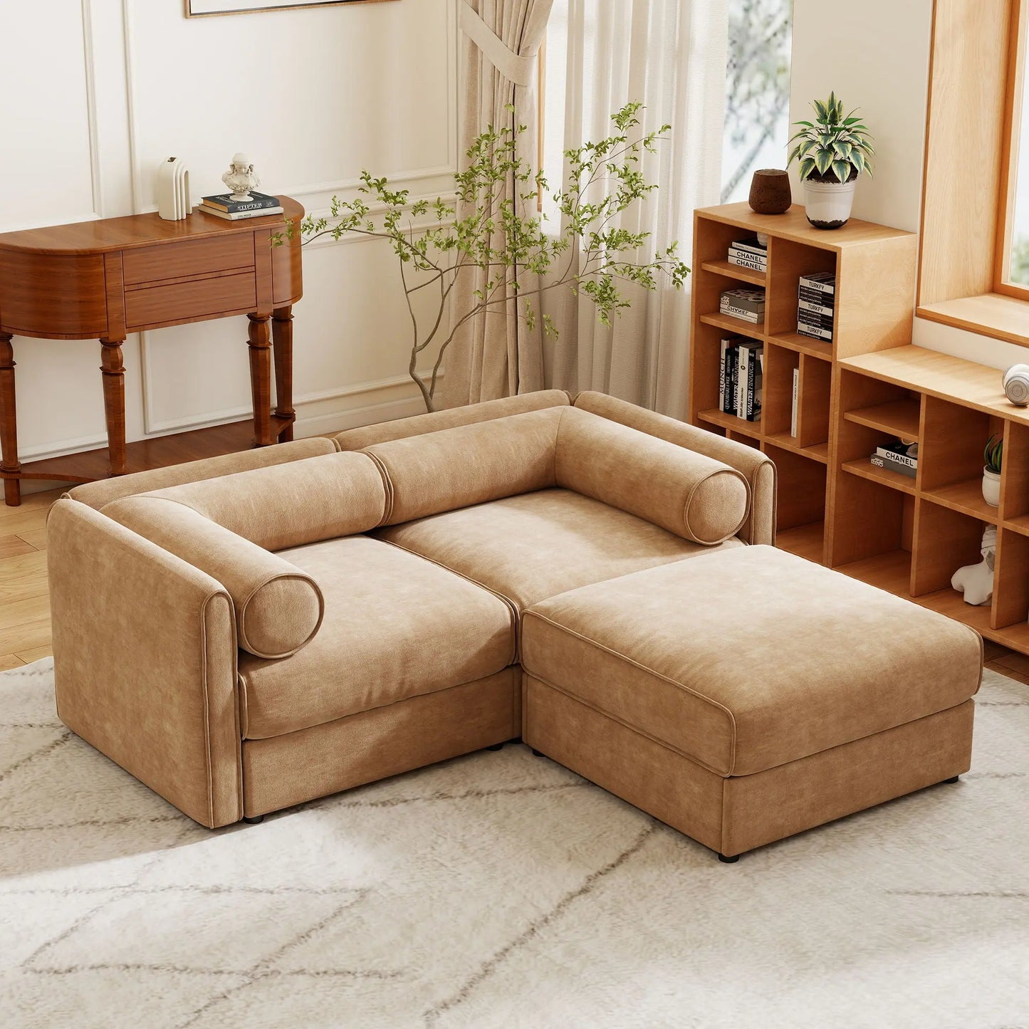 Contemporary Elegant White Chenille Sofa With Storage And Ottoman Home Essentials