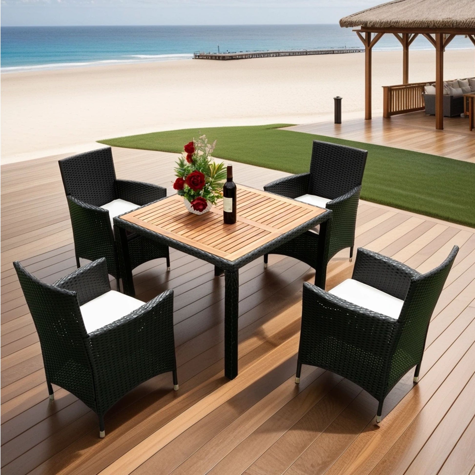 Outdoor Patio Wicker Dining Set With Acacia Wood Top Home Essentials