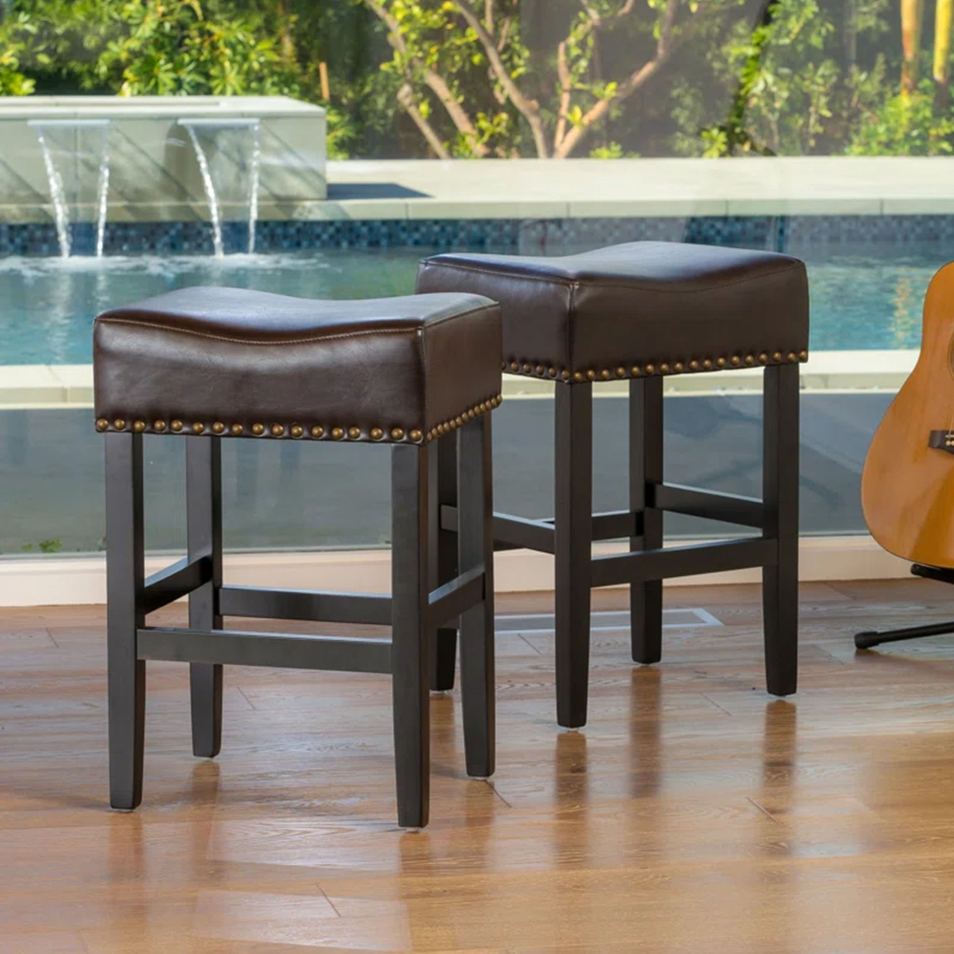Soltique - Backless Dining Counter Stool With Nailhead Trim (Set of 2) Noble House