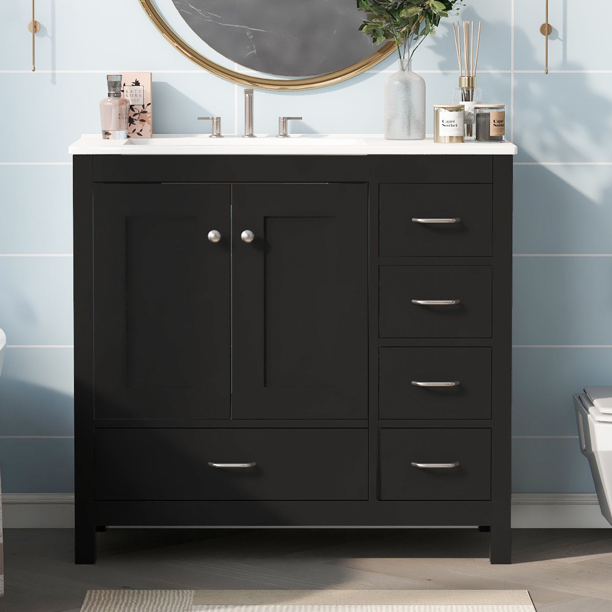 Bathroom Vanity With Ceramic Sink Combo, Abundant Storage Cabinet 2 Soft Close Doors And 5 Drawers Hearth and Haven