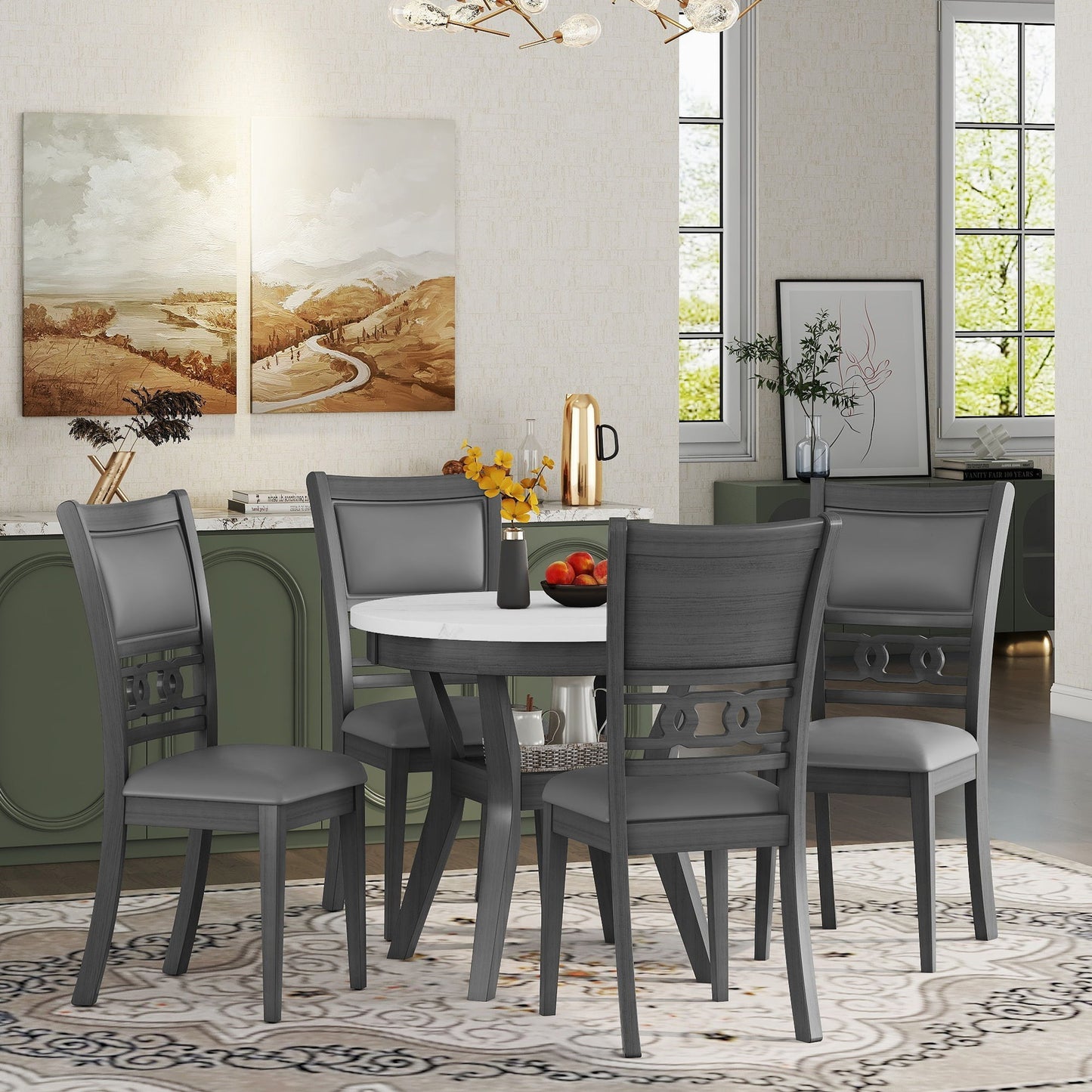 5 Piece Dining Round Table Set With One Faux Marble Top Dining Table And Four Pu-Leather Chairs - Gray