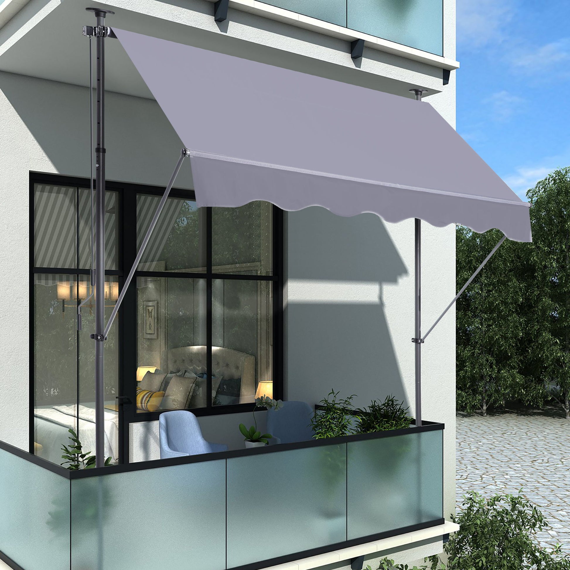 Manual Retractable Patio Awning, UV Resistant Polyester Sun Shade With No Drill Installation Home Essentials