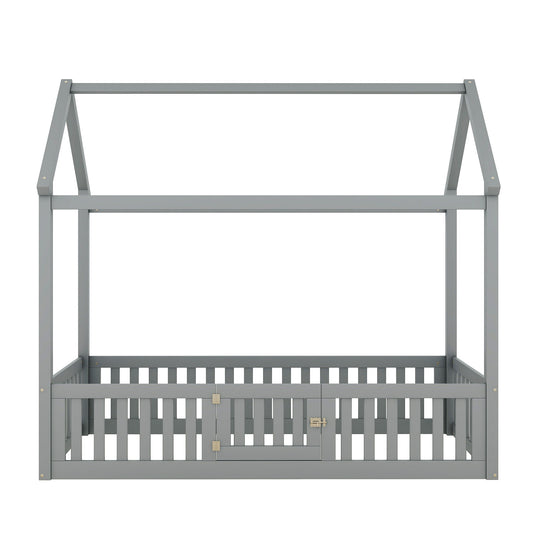 Wood House Bed With Fence And Door Hearth and Haven